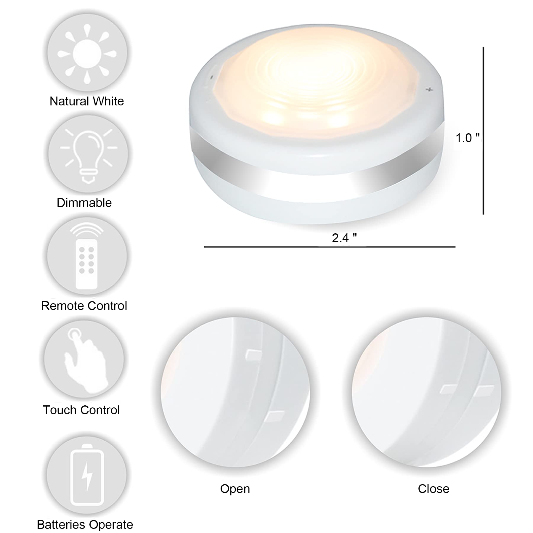 Starxing Puck Lights - Battery Operated LED Under Cabinet Lighting, Dimmable, Wireless, Natural White, 6 Pack